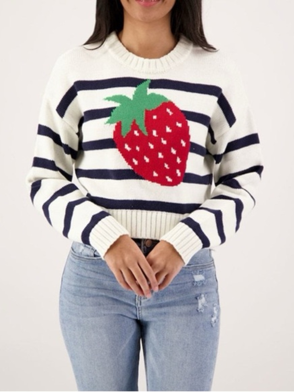 Freshman White Striped Crewneck Sweater with Red Strawberry Sz M